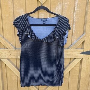 American Living Black and White Striped Ruffle Blouse